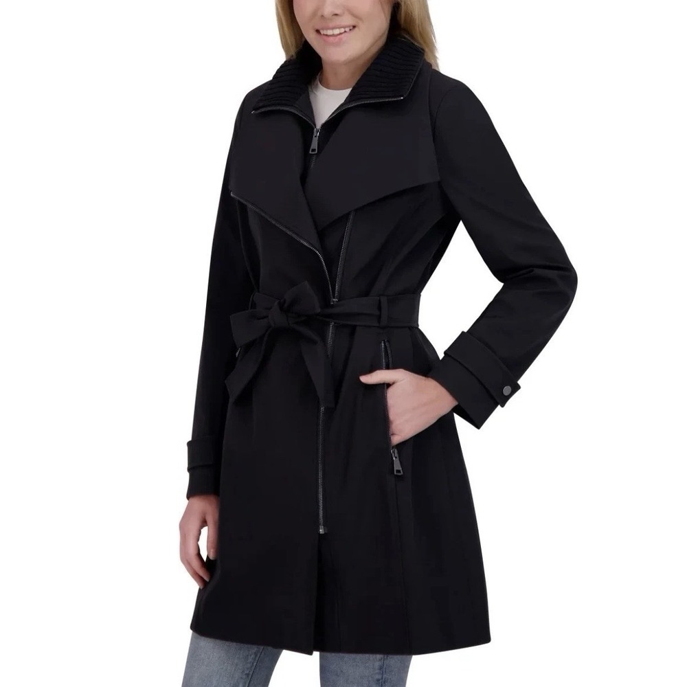 Halston Womens Trench Coat Black Removable Belt Water-Resistant Pockets‎ Size S